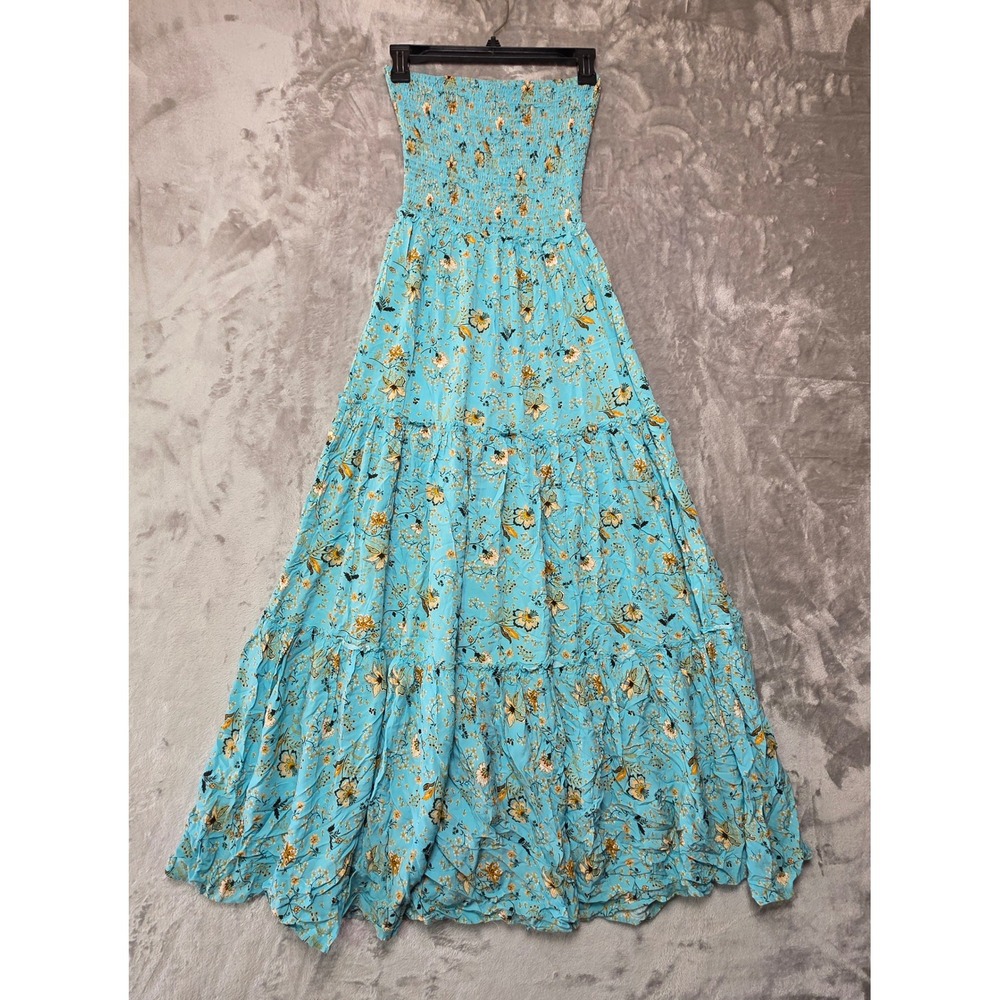 Abel The Label Womens XS Floral Smocked Strapless Tiered Maxi Dress Blue Boho